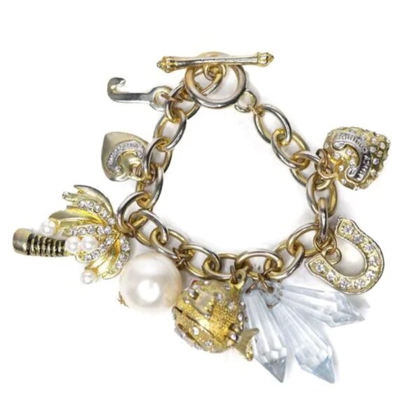 Vintage Juicy Couture Gold Charm Bracelet Y2K Blowfish Heart Crystals Palm Tree - Picture 2 of 11
